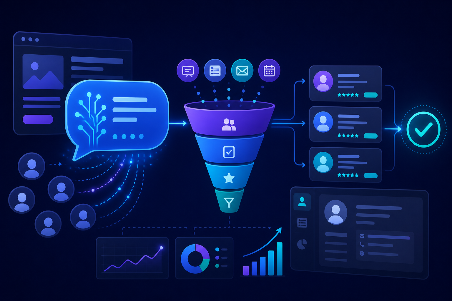 Infographic showing AI chatbots and automation generating high-quality leads