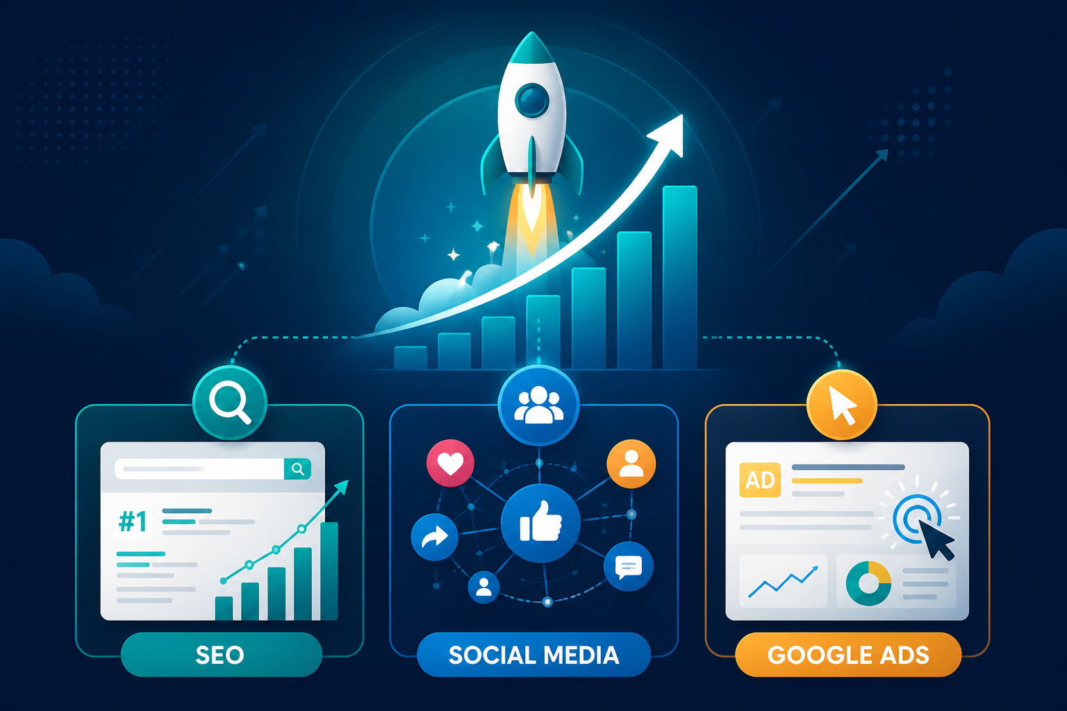 Infographic showing startup growth through SEO, social media, and Google Ads